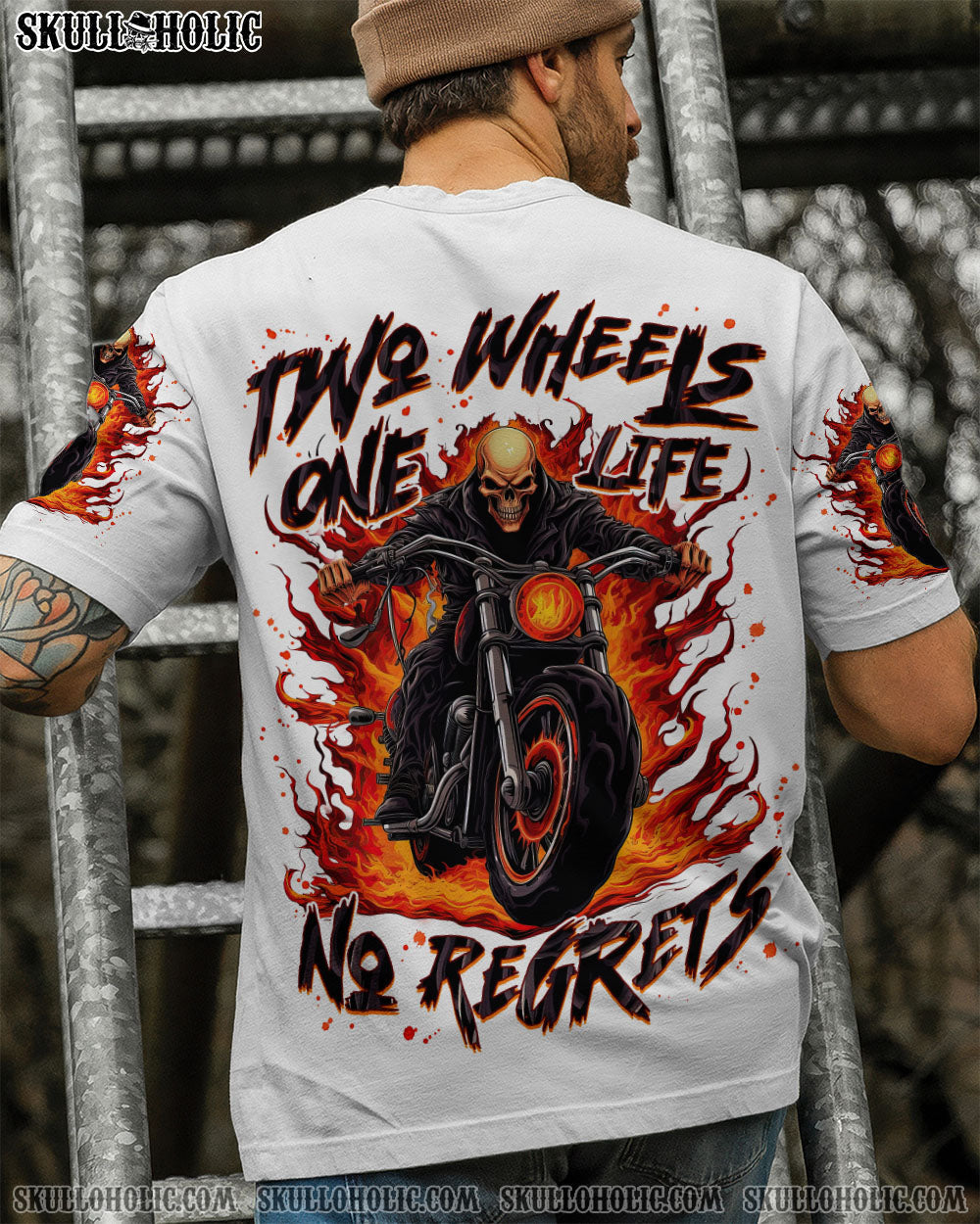 BLISSCORNERS TWO WHEELS ONE LIFE NO REGRETS BIKER SKULL ALL OVER PRINT