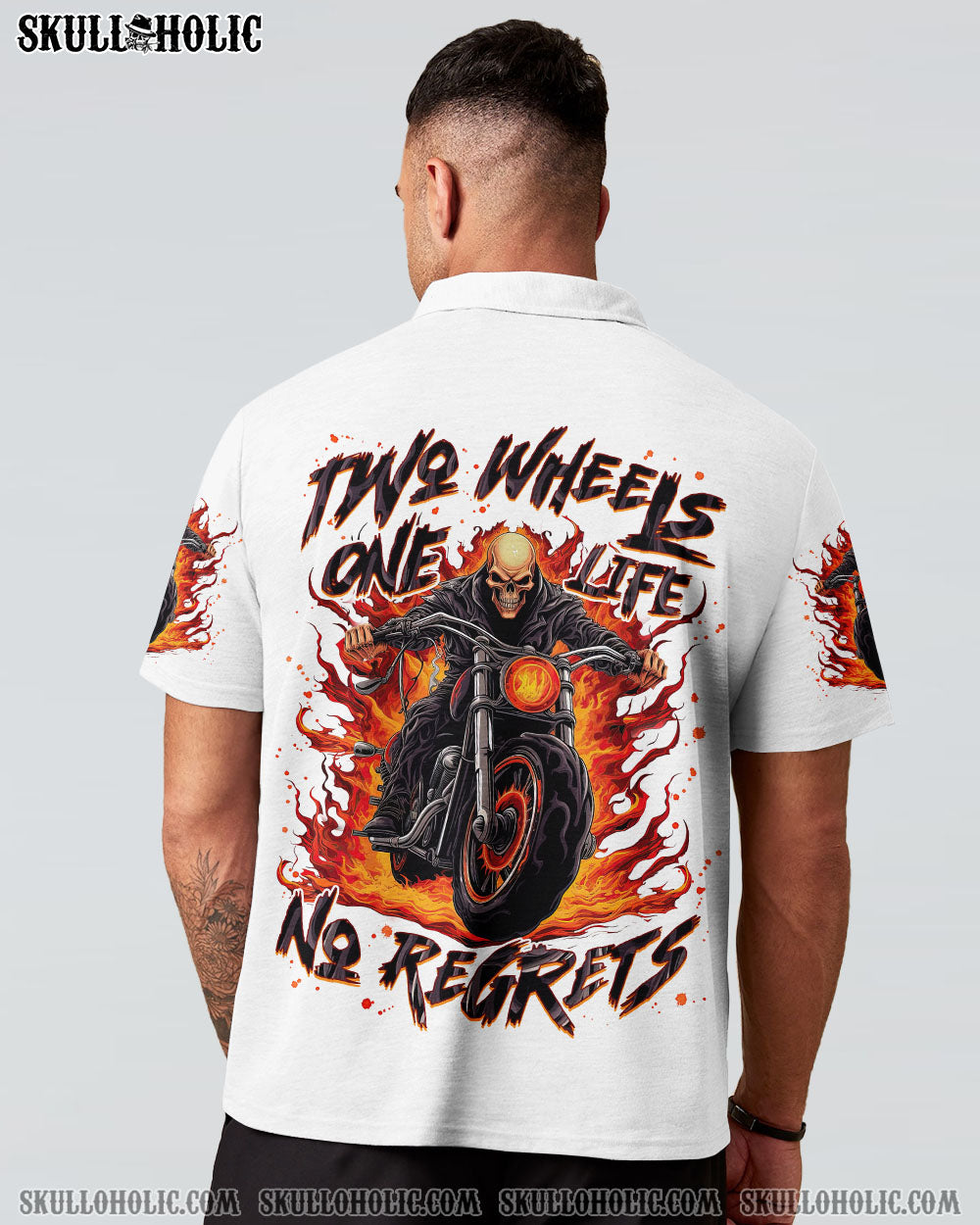 BLISSCORNERS TWO WHEELS ONE LIFE NO REGRETS BIKER SKULL ALL OVER PRINT