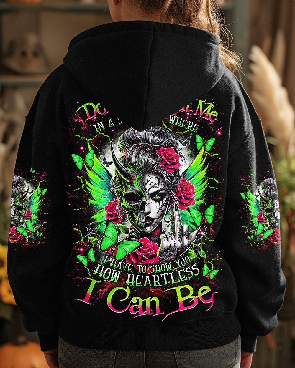 BLISSCORNERS HOW HEARTLESS I CAN BE TATTOO SKULL MESSY BUN ALL OVER PRINT