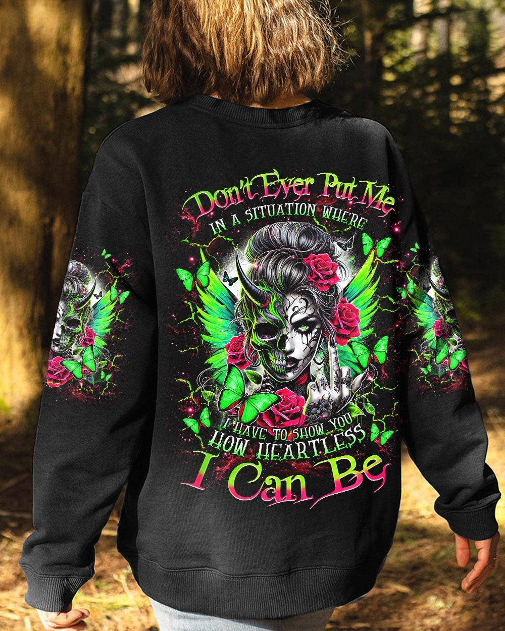 BLISSCORNERS HOW HEARTLESS I CAN BE TATTOO SKULL MESSY BUN ALL OVER PRINT