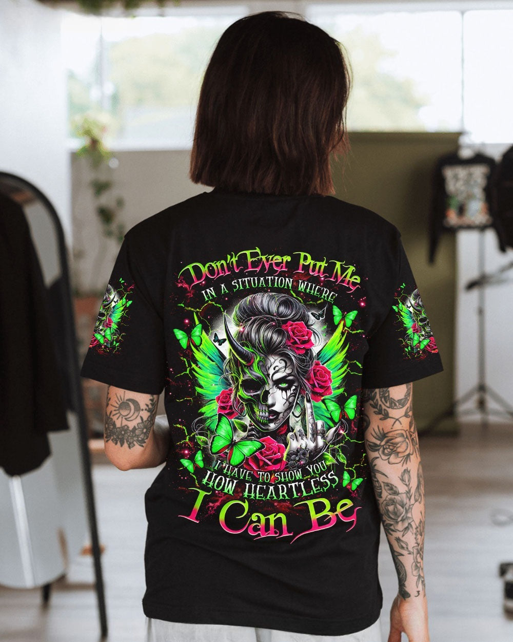BLISSCORNERS HOW HEARTLESS I CAN BE TATTOO SKULL MESSY BUN ALL OVER PRINT