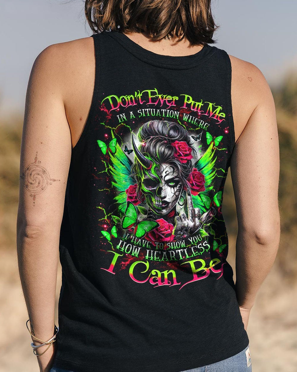 BLISSCORNERS HOW HEARTLESS I CAN BE TATTOO SKULL MESSY BUN ALL OVER PRINT