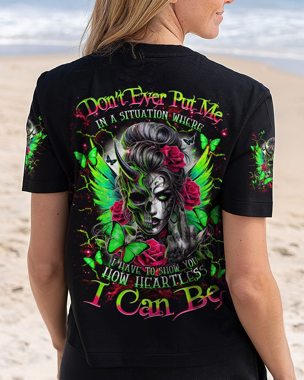 BLISSCORNERS HOW HEARTLESS I CAN BE TATTOO SKULL MESSY BUN ALL OVER PRINT