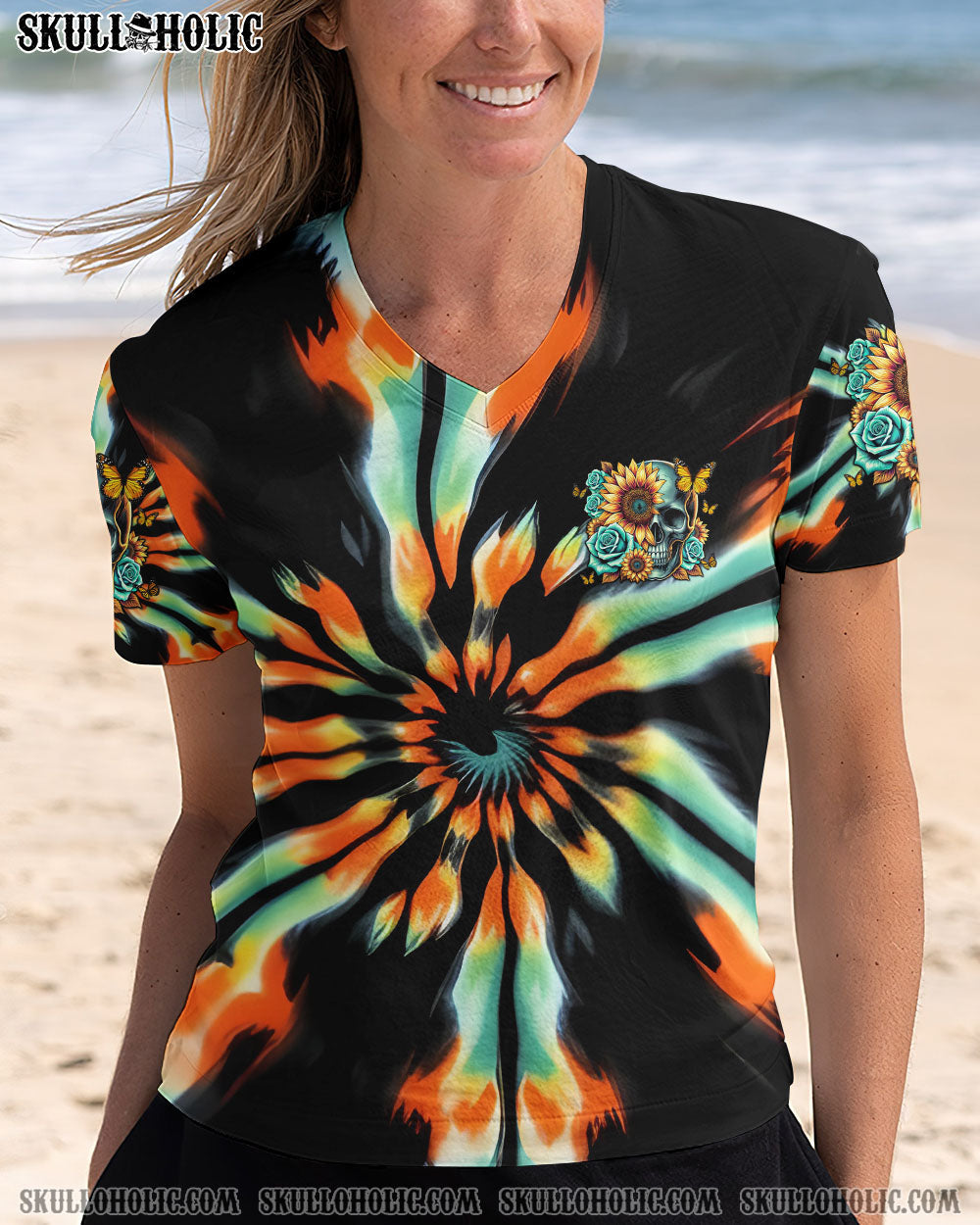 BLISSCORNERS SHE IS SUNSHINE SUNFLOWER SKULL TIE DYE ALL OVER PRINT