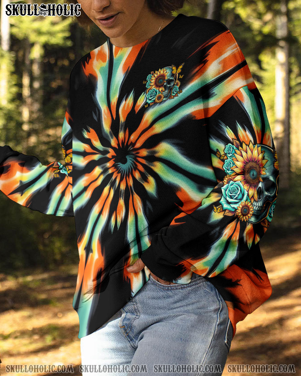 BLISSCORNERS SHE IS SUNSHINE SUNFLOWER SKULL TIE DYE ALL OVER PRINT