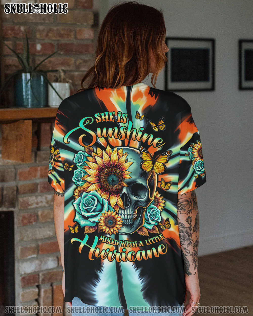 BLISSCORNERS SHE IS SUNSHINE SUNFLOWER SKULL TIE DYE ALL OVER PRINT