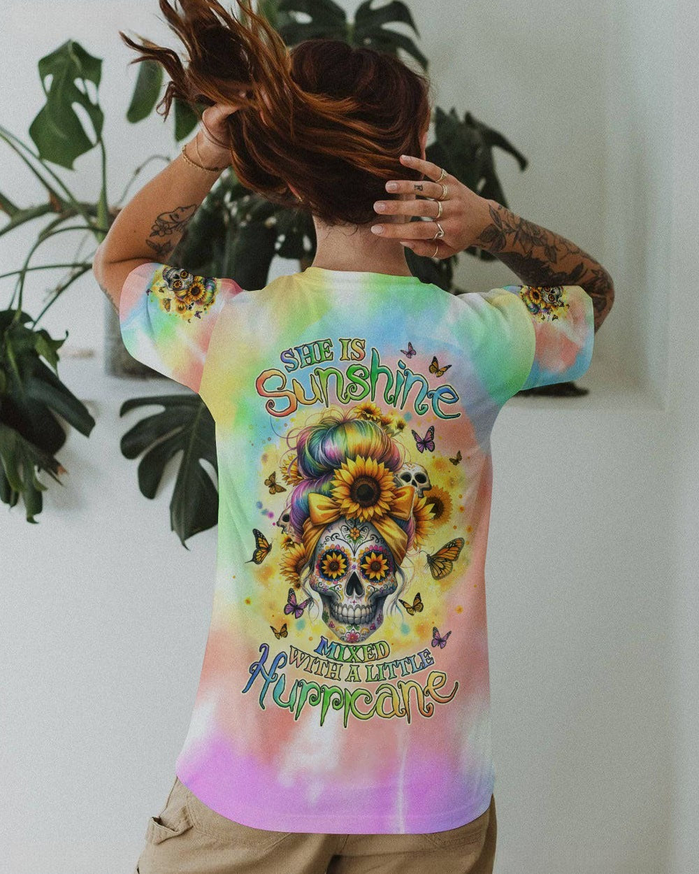 BLISSCORNERS SHE IS SUNSHINE MESSY BUN SKULL ALL OVER PRINT