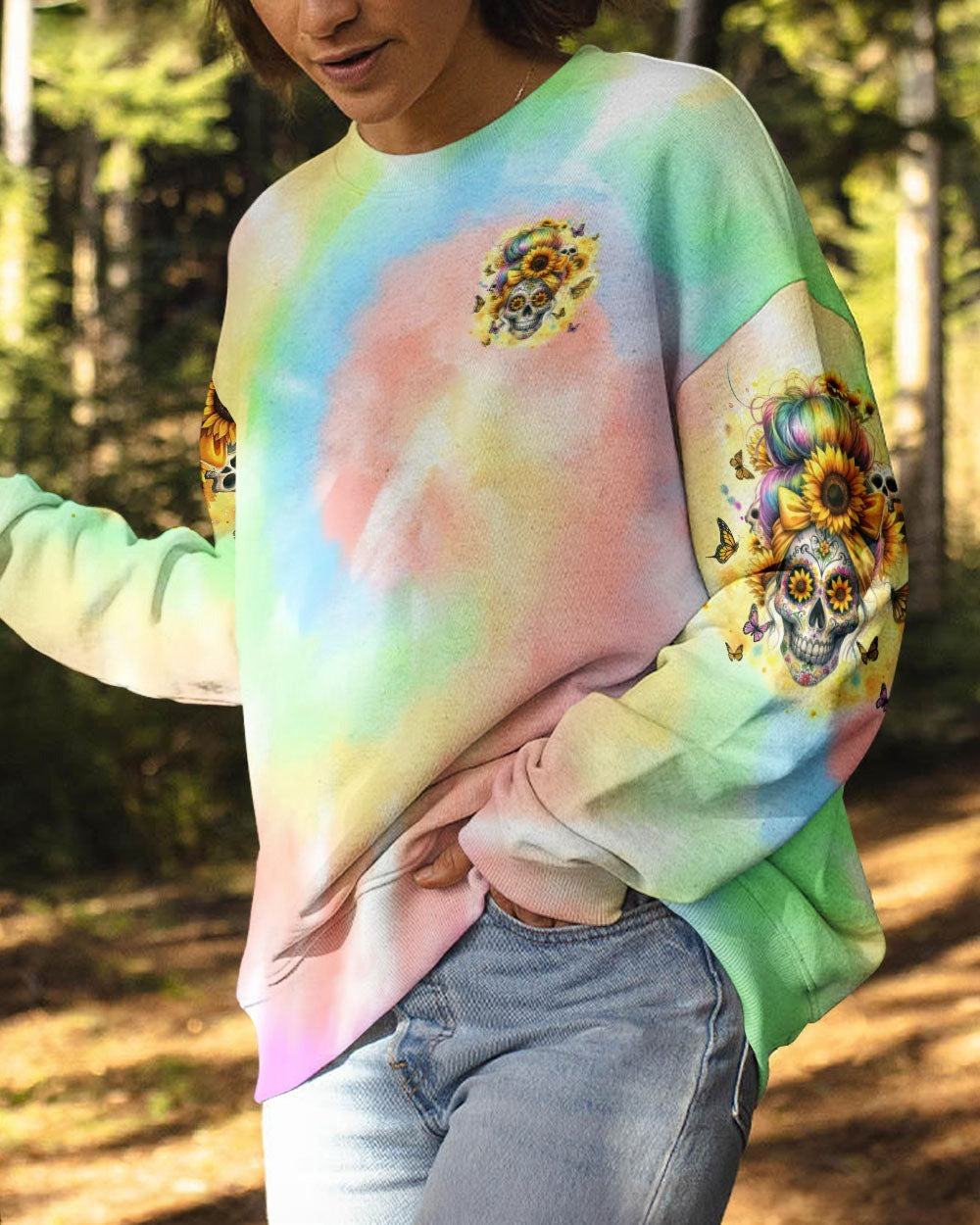 BLISSCORNERS SHE IS SUNSHINE MESSY BUN SKULL ALL OVER PRINT