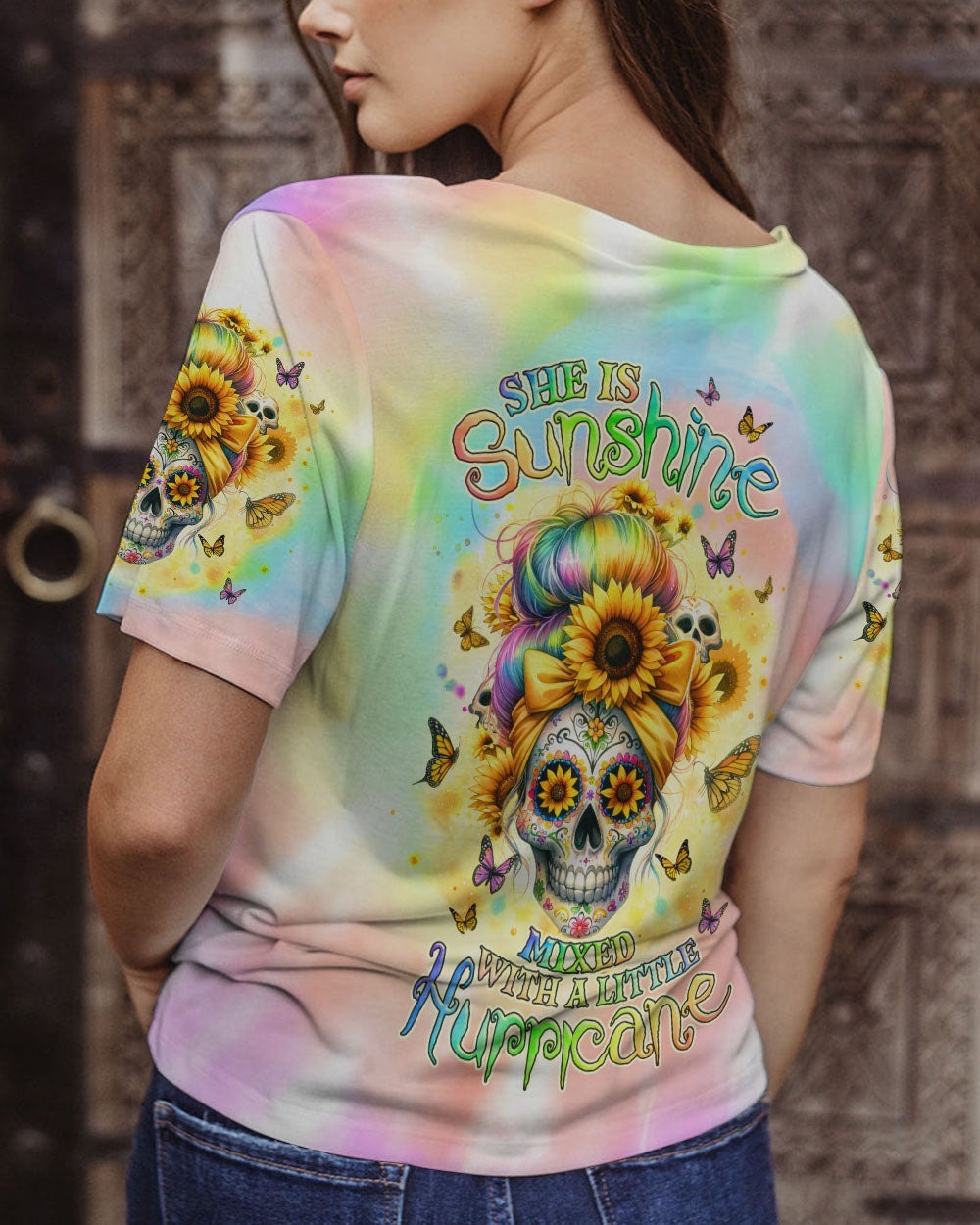 BLISSCORNERS SHE IS SUNSHINE MESSY BUN SKULL ALL OVER PRINT