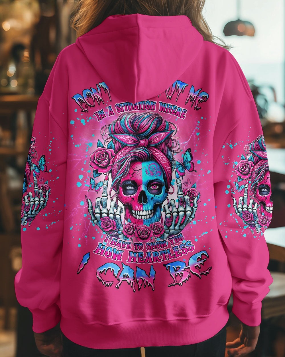 BLISSCORNERS HOW HEARTLESS I CAN BE SKULL MESSY BUN ALL OVER PRINT