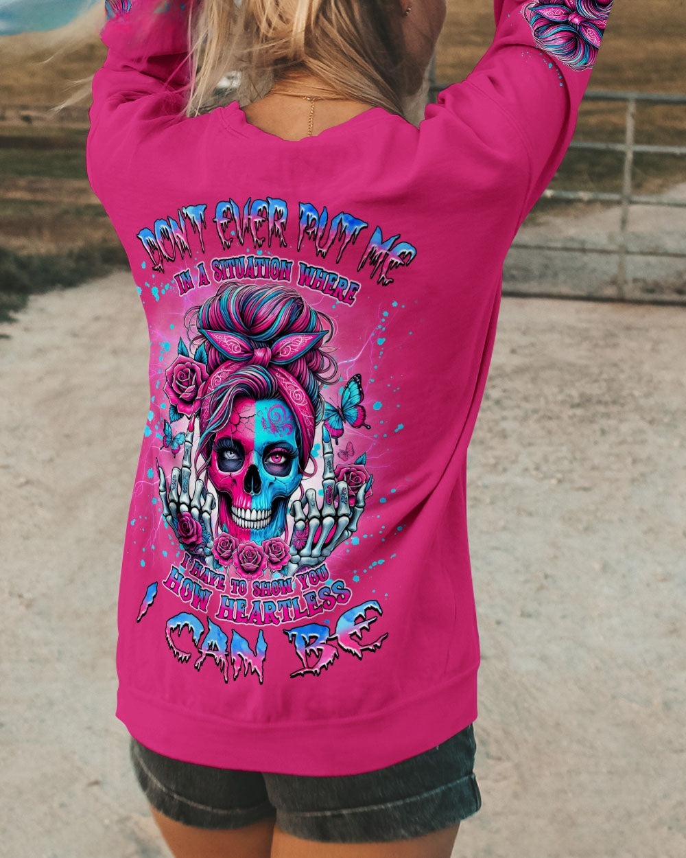 BLISSCORNERS HOW HEARTLESS I CAN BE SKULL MESSY BUN ALL OVER PRINT