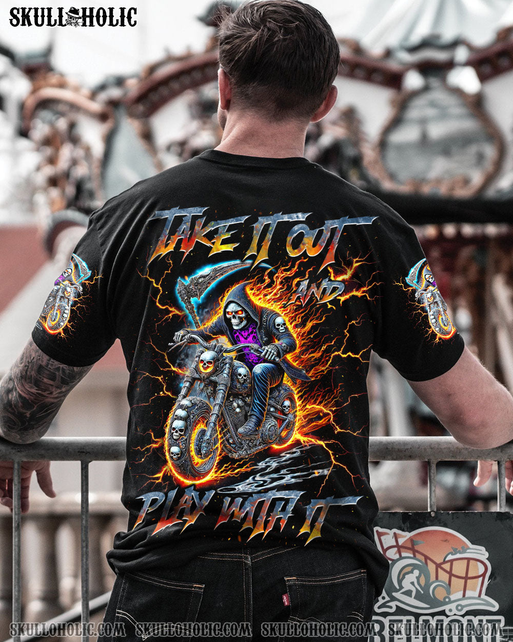BLISSCORNERS TAKE IT OUT AND PLAY WITH IT BIKER SKULL ALL OVER PRINT