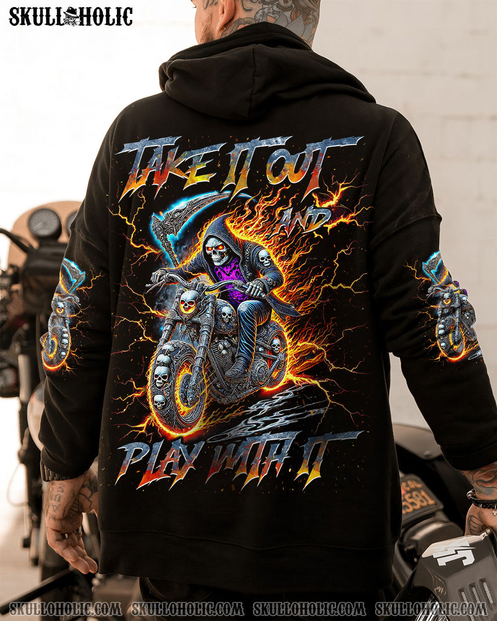 BLISSCORNERS TAKE IT OUT AND PLAY WITH IT BIKER SKULL ALL OVER PRINT