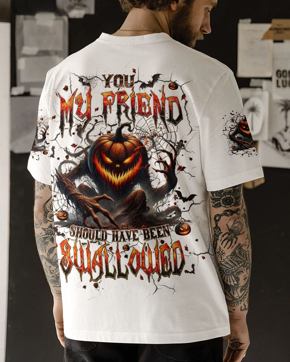 BLISSCORNERS YOU MY FRIEND SHOULD HAVE BEEN SWALLOWED SKULL PUMPKIN HALLOWEEN ALL OVER PRINT