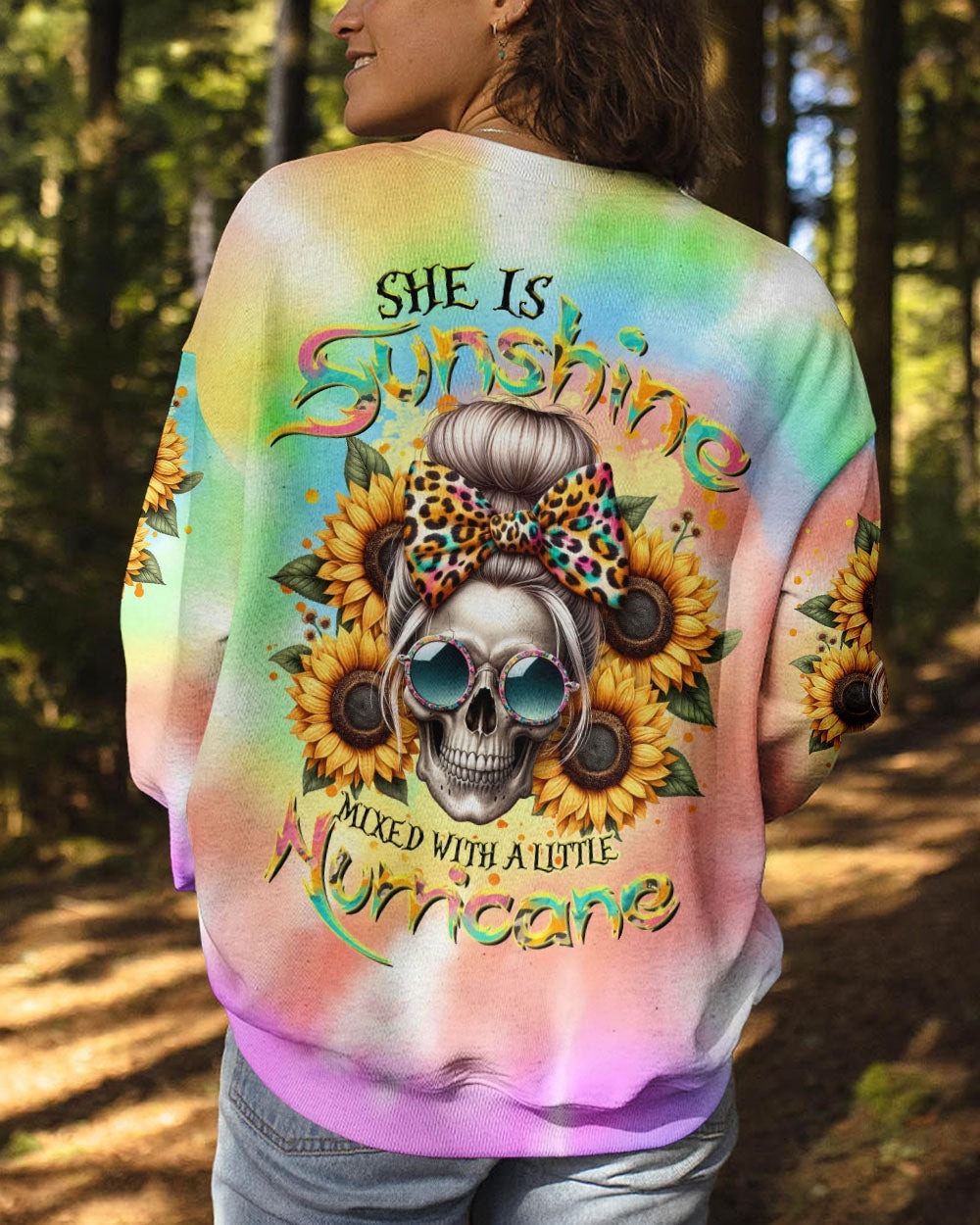 BLISSCORNERS SHE IS SUNSHINE SKULL MESSY BUN ALL OVER PRINT