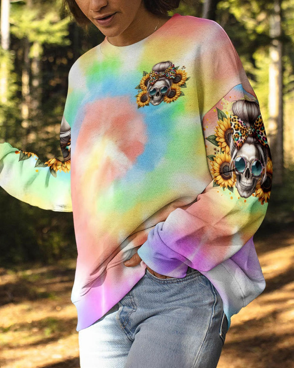 BLISSCORNERS SHE IS SUNSHINE SKULL MESSY BUN ALL OVER PRINT