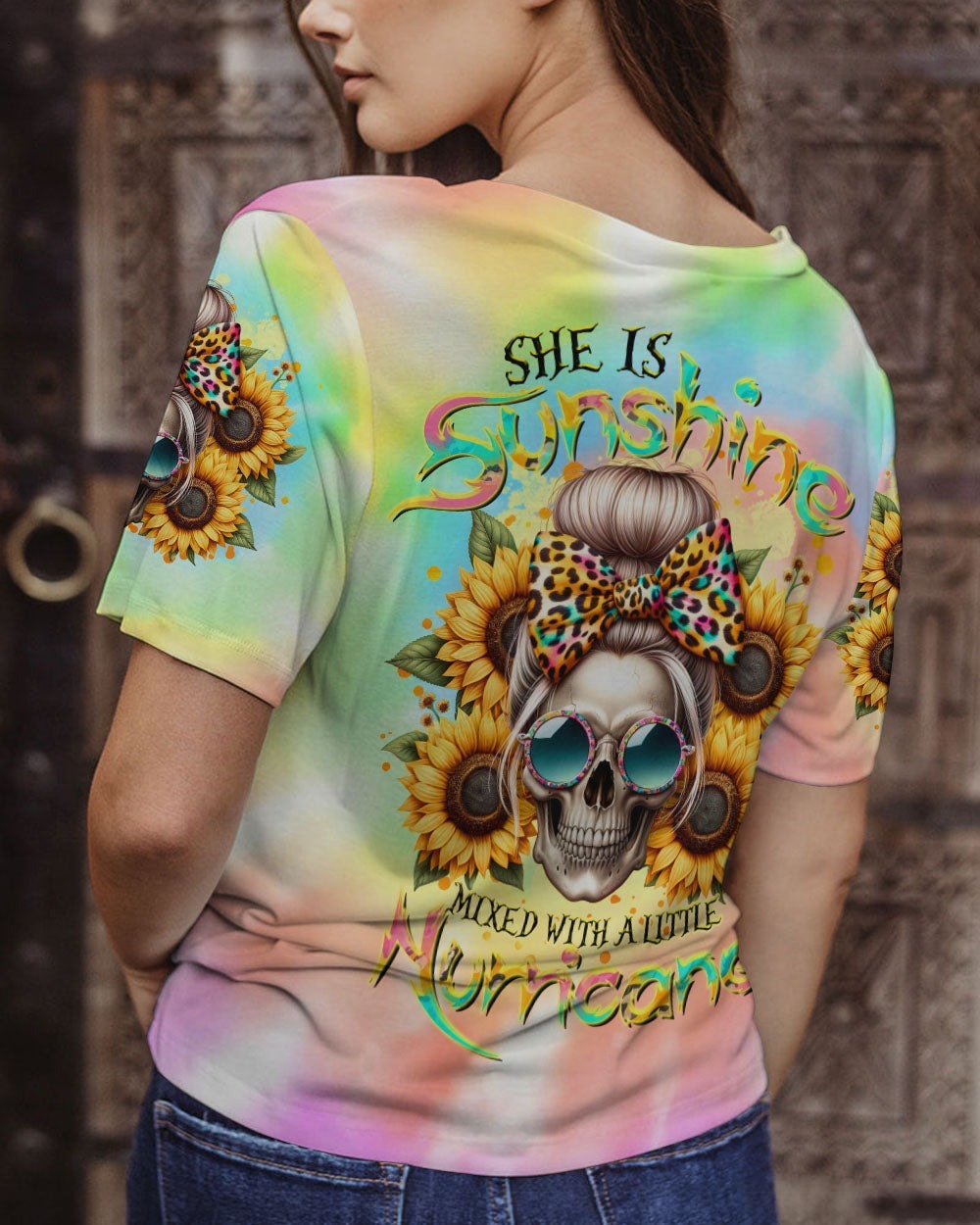 BLISSCORNERS SHE IS SUNSHINE SKULL MESSY BUN ALL OVER PRINT