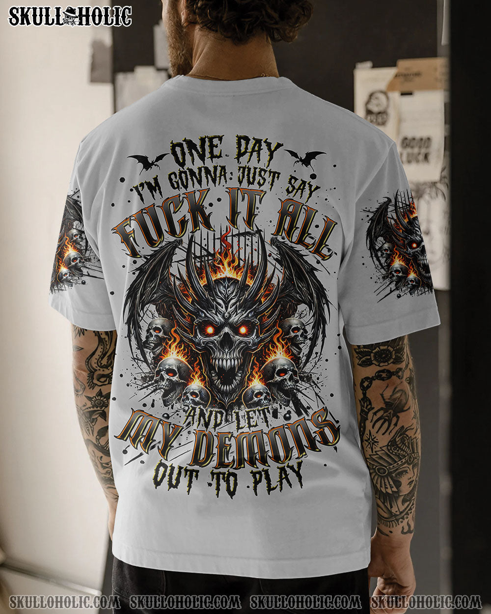 BLISSCORNERS ONE DAY I'M GONNA JUST SAY DEMON SKULL WINGS ALL OVER PRINT