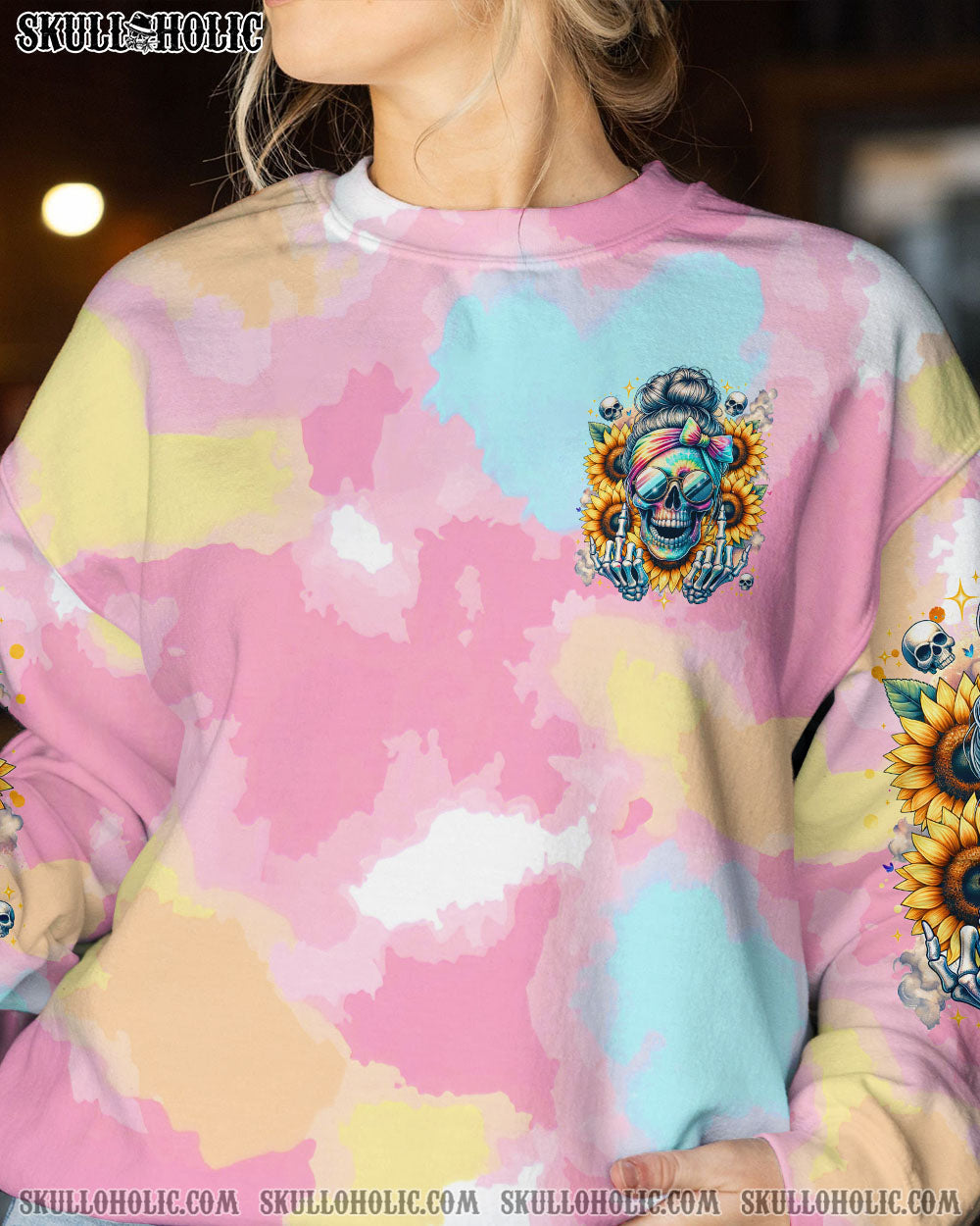 BLISSCORNERS FRAGILE LIKE A BOMB TIE DYE MESSY BUN SKULL ALL OVER PRINT