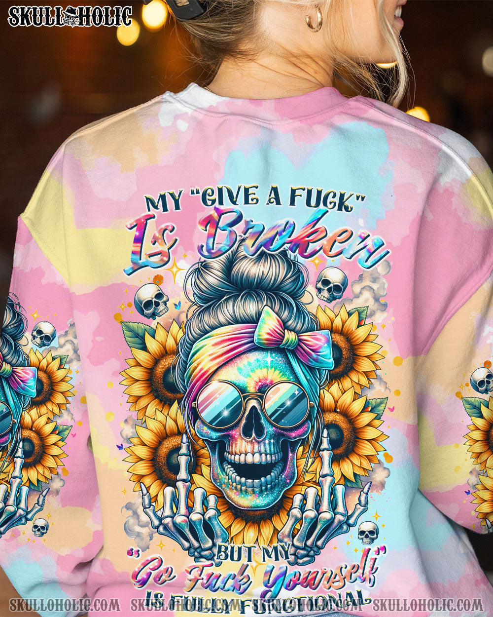BLISSCORNERS FRAGILE LIKE A BOMB TIE DYE MESSY BUN SKULL ALL OVER PRINT