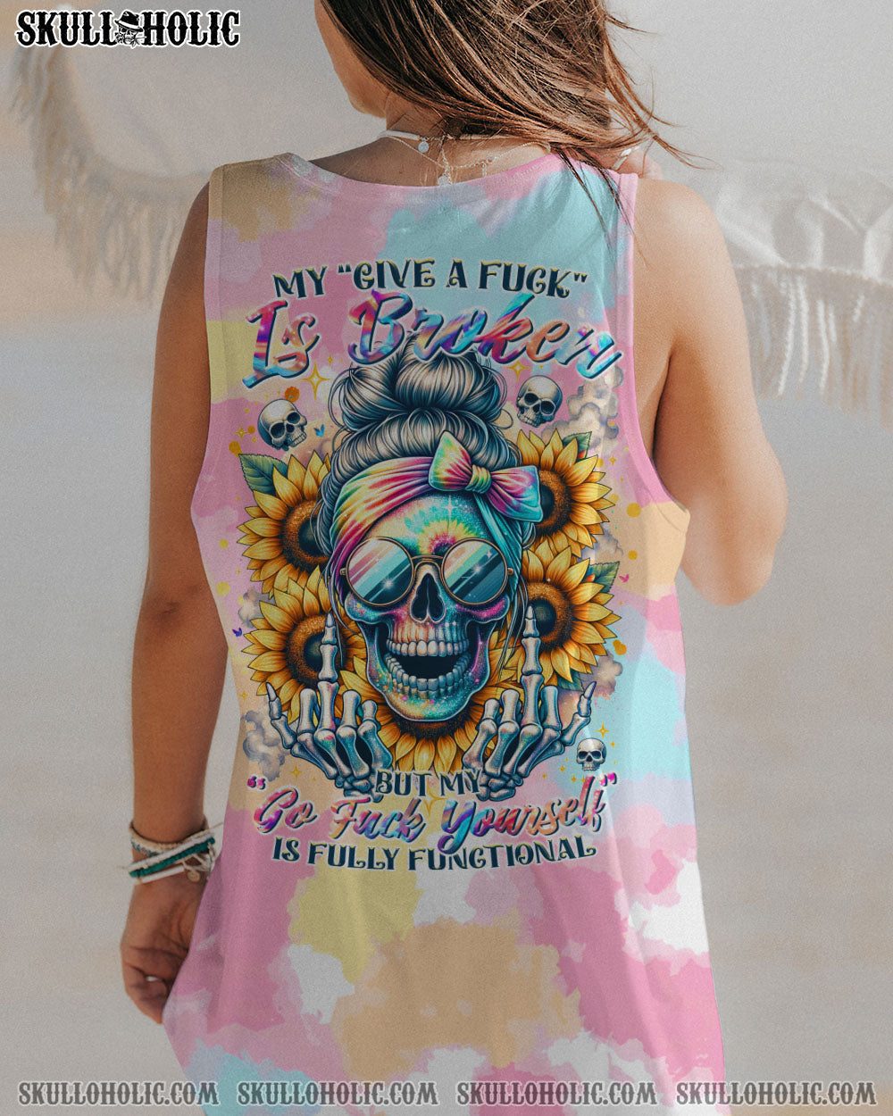 BLISSCORNERS FRAGILE LIKE A BOMB TIE DYE MESSY BUN SKULL ALL OVER PRINT