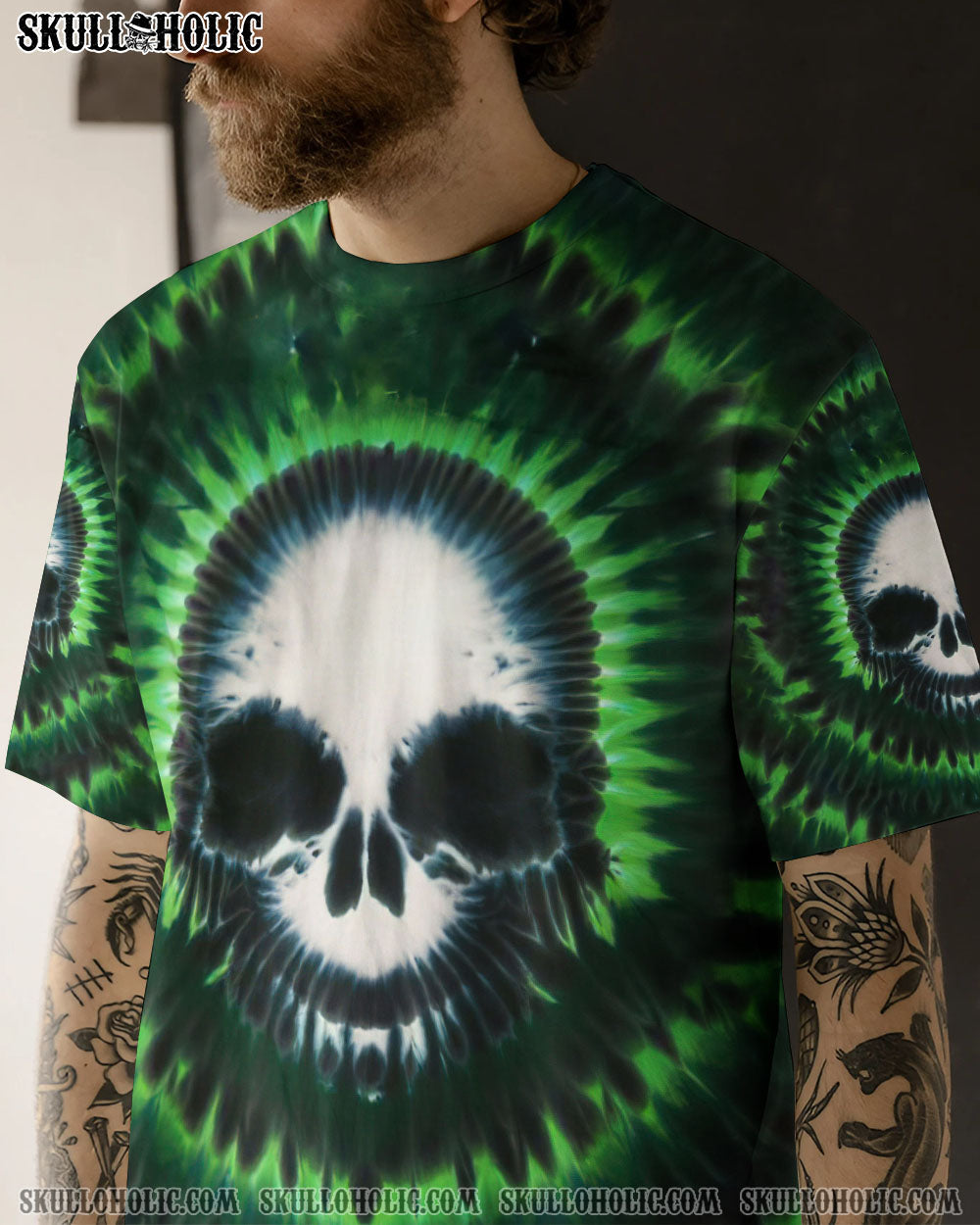 BLISSCORNERS ZOMBIE GREEN SKULL TIE DYE HAND DYED ALL OVER PRINT