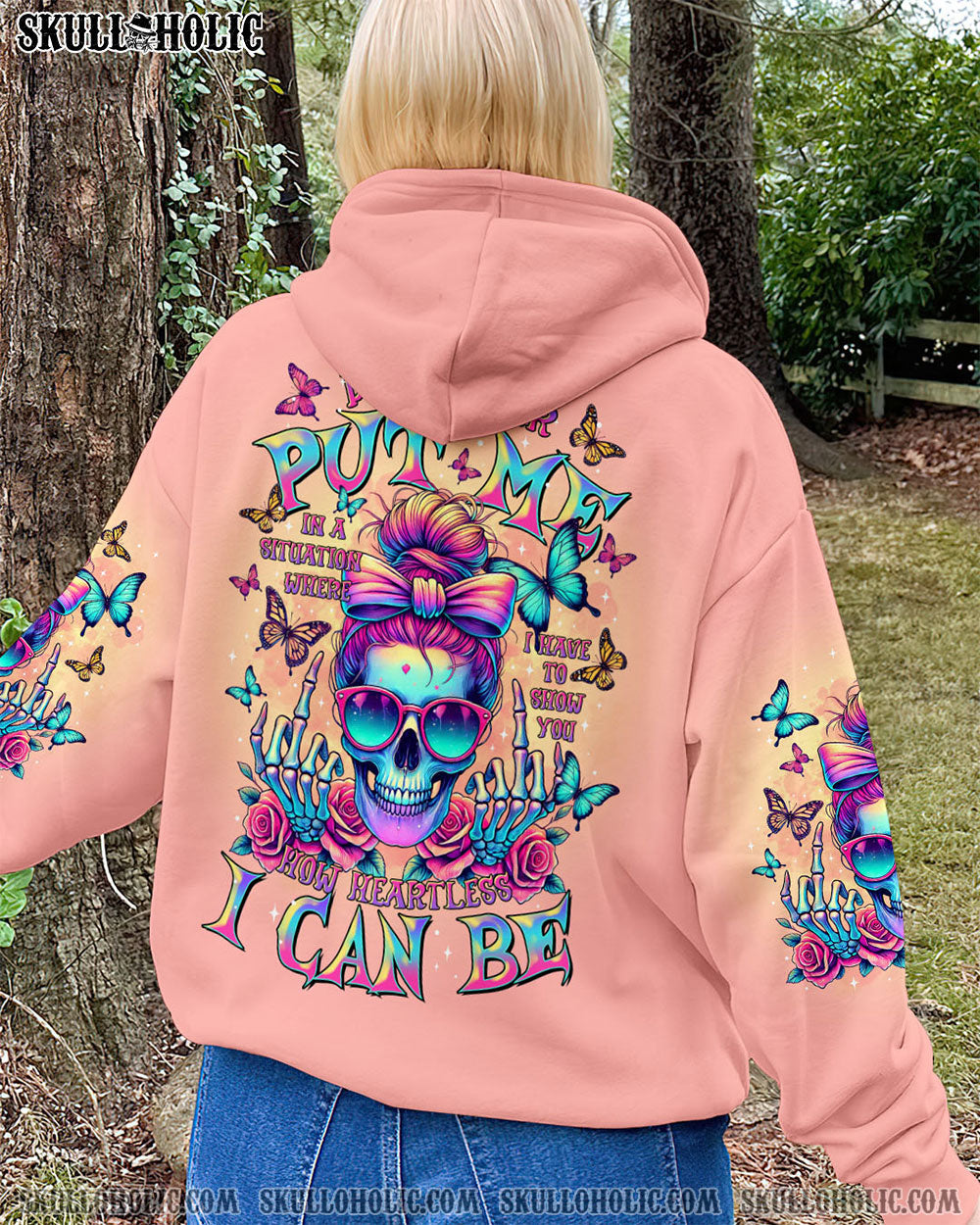 BLISSCORNERS HOW HEARTLESS I CAN BE SKULL MESSY BUN ALL OVER PRINT