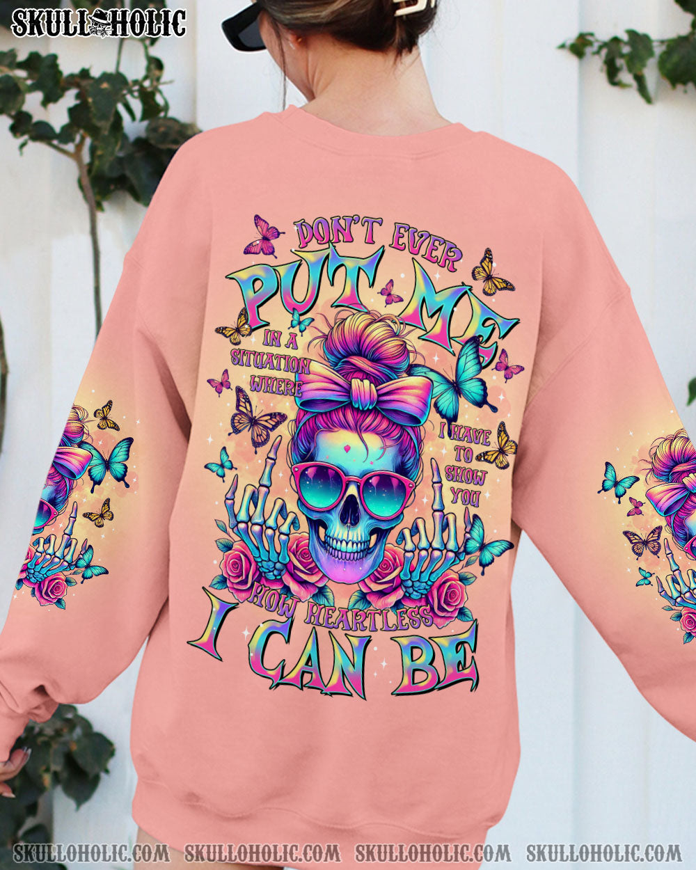 BLISSCORNERS HOW HEARTLESS I CAN BE SKULL MESSY BUN ALL OVER PRINT