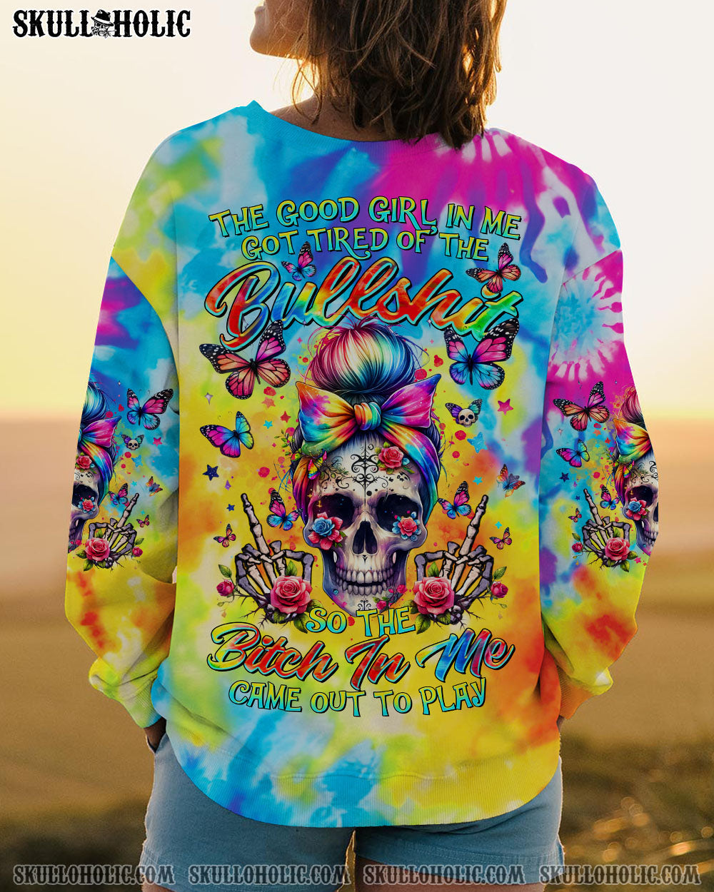 BLISSCORNERS I'M A GIRL WITH A MIND SKULL MESSY BUN ALL OVER PRINT