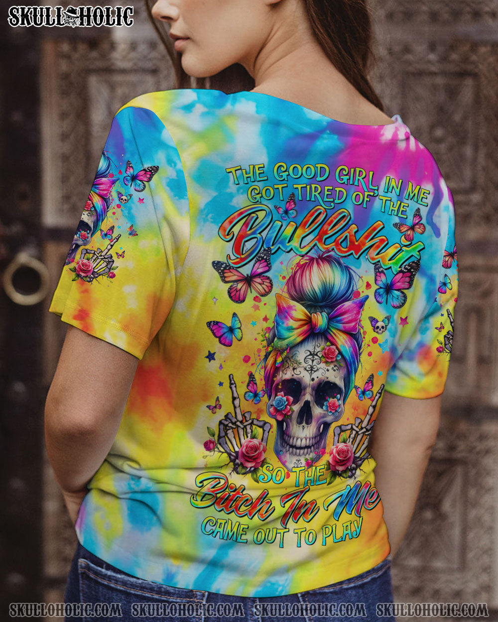 BLISSCORNERS I'M A GIRL WITH A MIND SKULL MESSY BUN ALL OVER PRINT