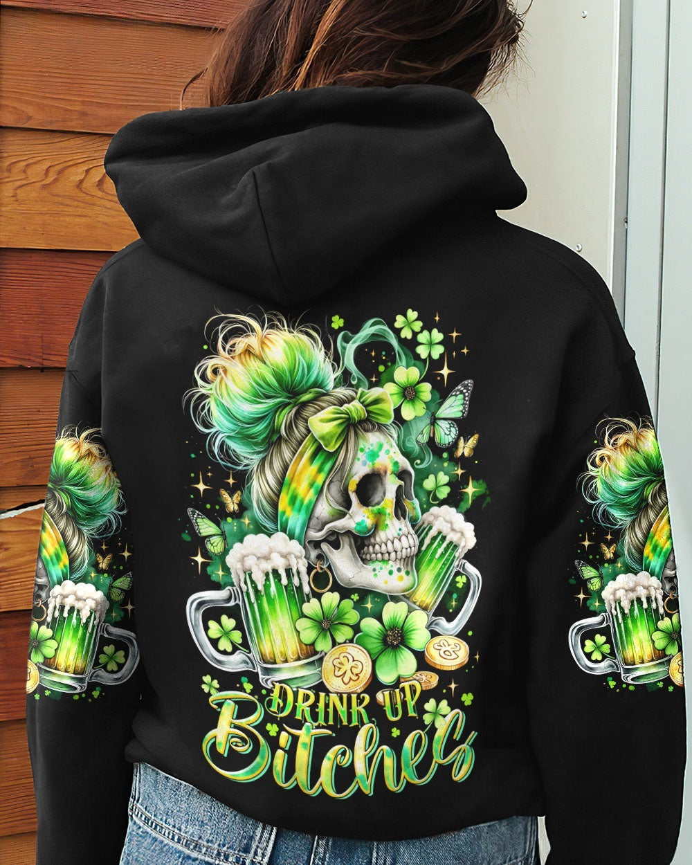 BLISSCORNERS DRINK UP B MESSY BUN SKULL PATRICK'S DAY ALL OVER PRINT
