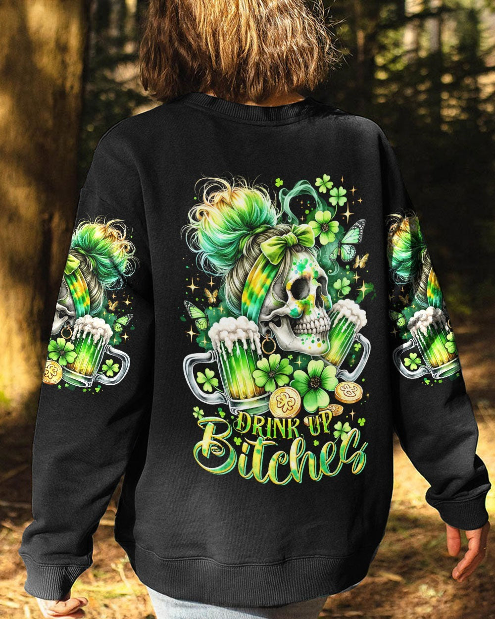 BLISSCORNERS DRINK UP B MESSY BUN SKULL PATRICK'S DAY ALL OVER PRINT