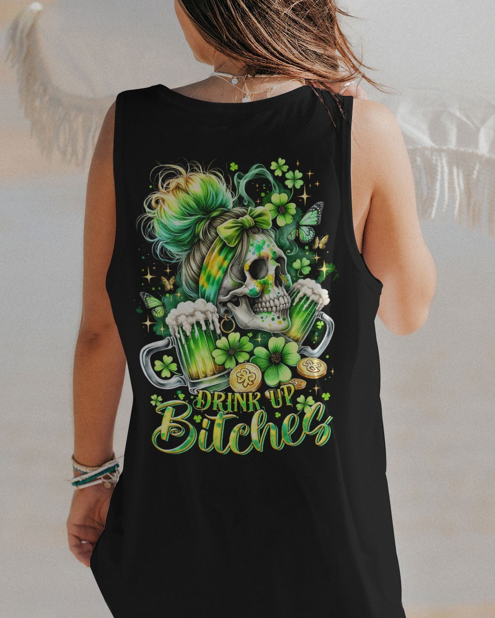 BLISSCORNERS DRINK UP B MESSY BUN SKULL PATRICK'S DAY ALL OVER PRINT