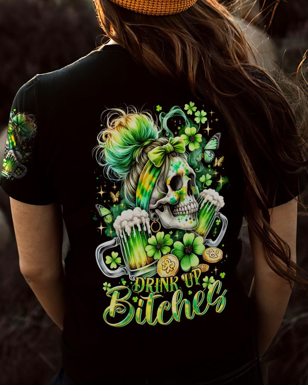BLISSCORNERS DRINK UP B MESSY BUN SKULL PATRICK'S DAY ALL OVER PRINT