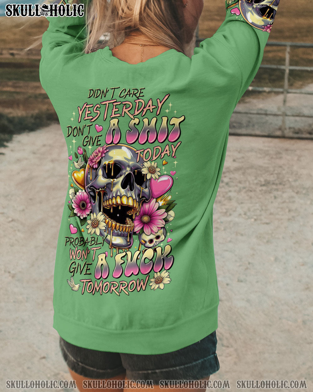 BLISSCORNERS DIDN'T CARE YESTERDAY SKULL FLOWER ALL OVER PRINT