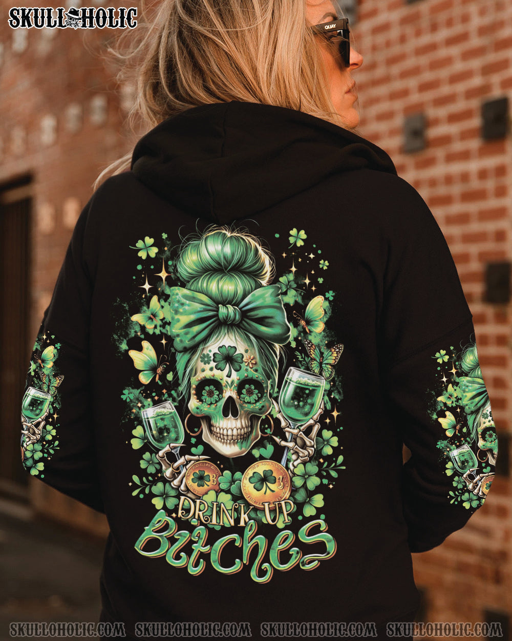 BLISSCORNERS DRINK UP B MESSY BUN SKULL PATRICK'S DAY ALL OVER PRINT