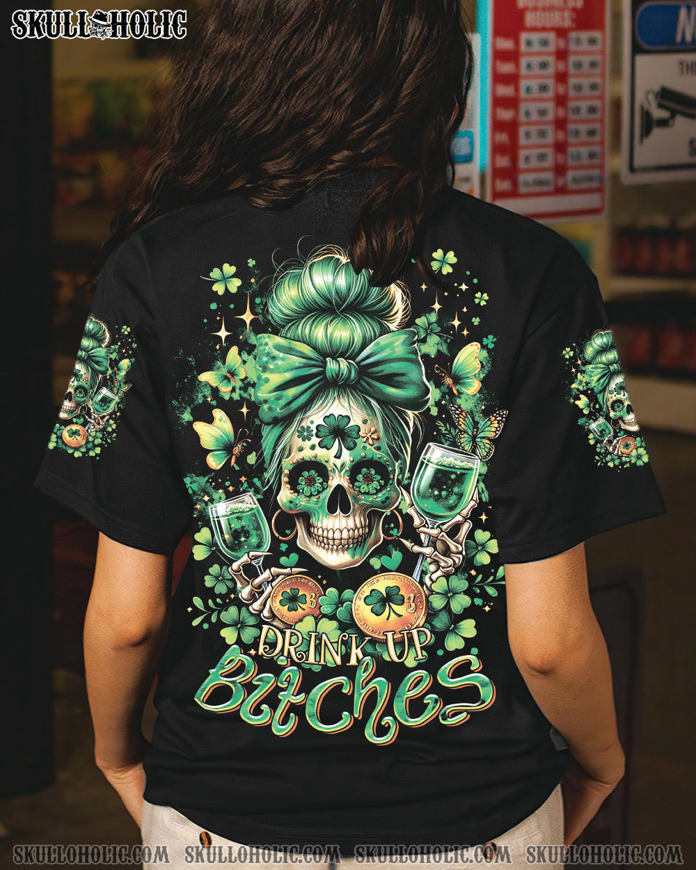 BLISSCORNERS DRINK UP B MESSY BUN SKULL PATRICK'S DAY ALL OVER PRINT