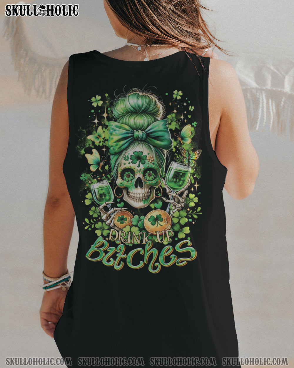 BLISSCORNERS DRINK UP B MESSY BUN SKULL PATRICK'S DAY ALL OVER PRINT