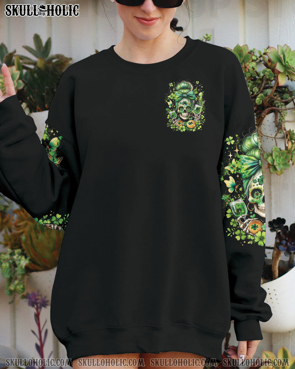 BLISSCORNERS DRINK UP B MESSY BUN SKULL PATRICK'S DAY ALL OVER PRINT
