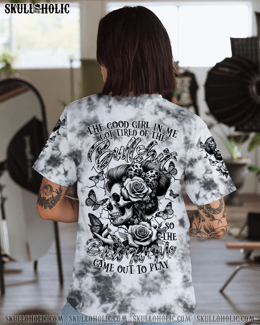 BLISSCORNERS THE GOOD GIRL IN ME SKULL LADY  TIE DYE ALL OVER PRINT