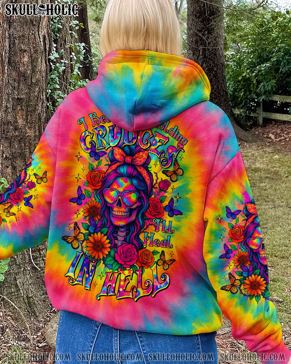 BLISSCORNERS I'LL HEAL IN HELL SKULL FLORAL TIE DYE SKULL LADY ALL OVER PRINT