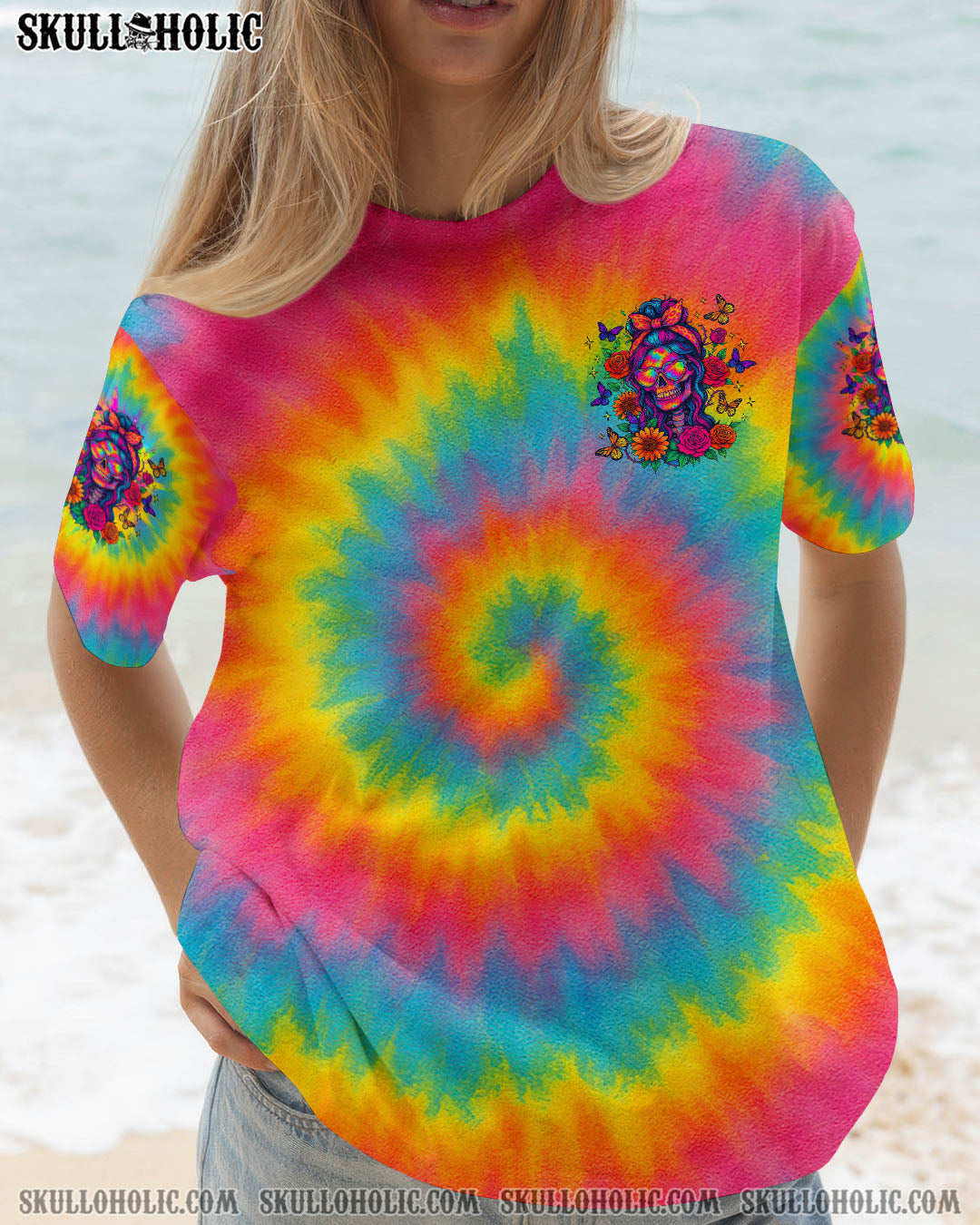 BLISSCORNERS I'LL HEAL IN HELL SKULL FLORAL TIE DYE SKULL LADY ALL OVER PRINT