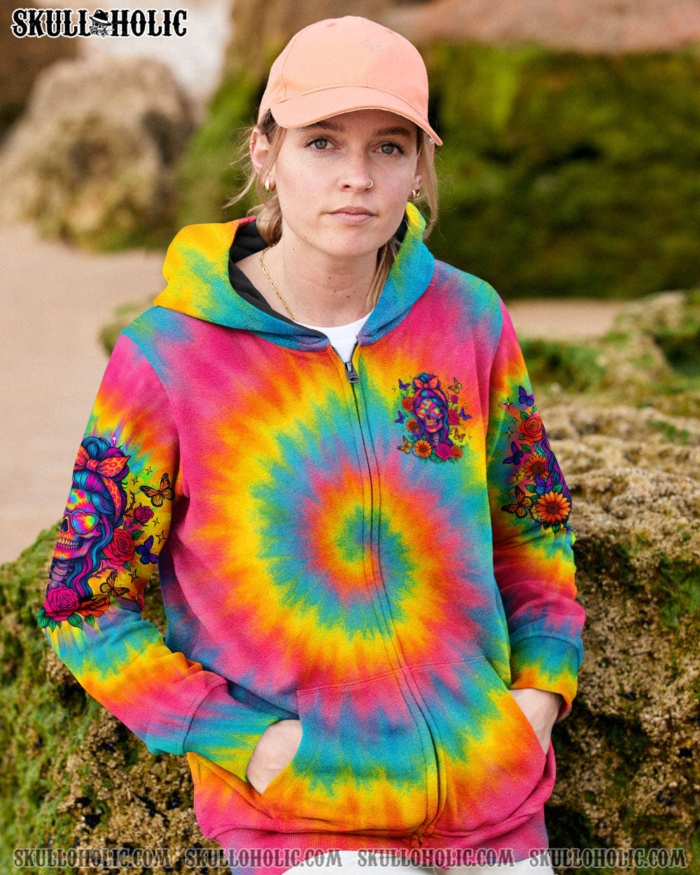 BLISSCORNERS I'LL HEAL IN HELL SKULL FLORAL TIE DYE SKULL LADY ALL OVER PRINT