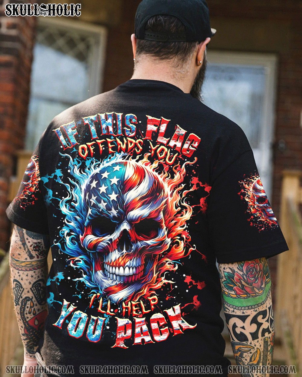 BLISSCORNERS IF THIS FLAG OFFENDS YOU I'LL HELP YOU PACK SKULL ALL OVER PRINT