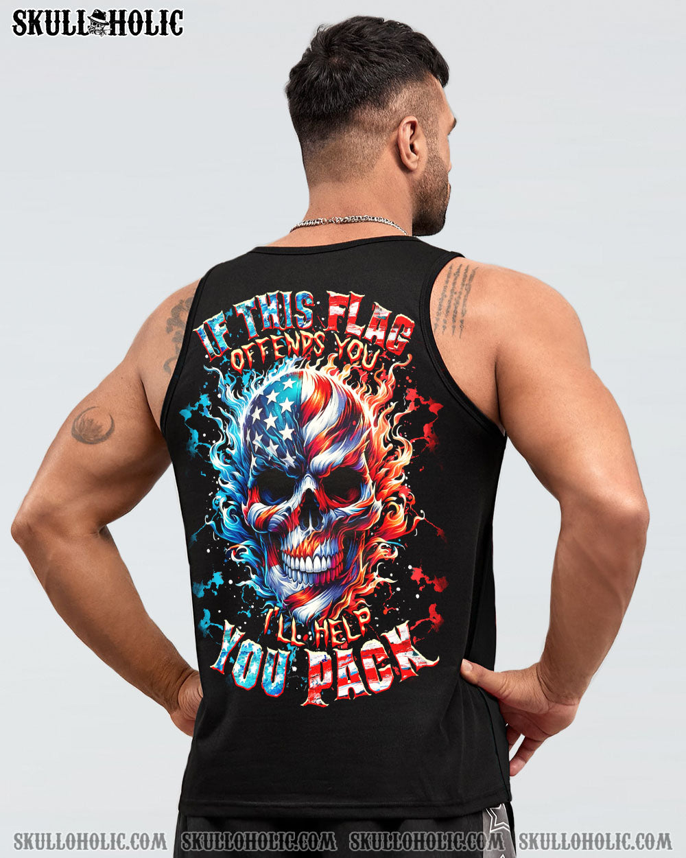 BLISSCORNERS IF THIS FLAG OFFENDS YOU I'LL HELP YOU PACK SKULL ALL OVER PRINT