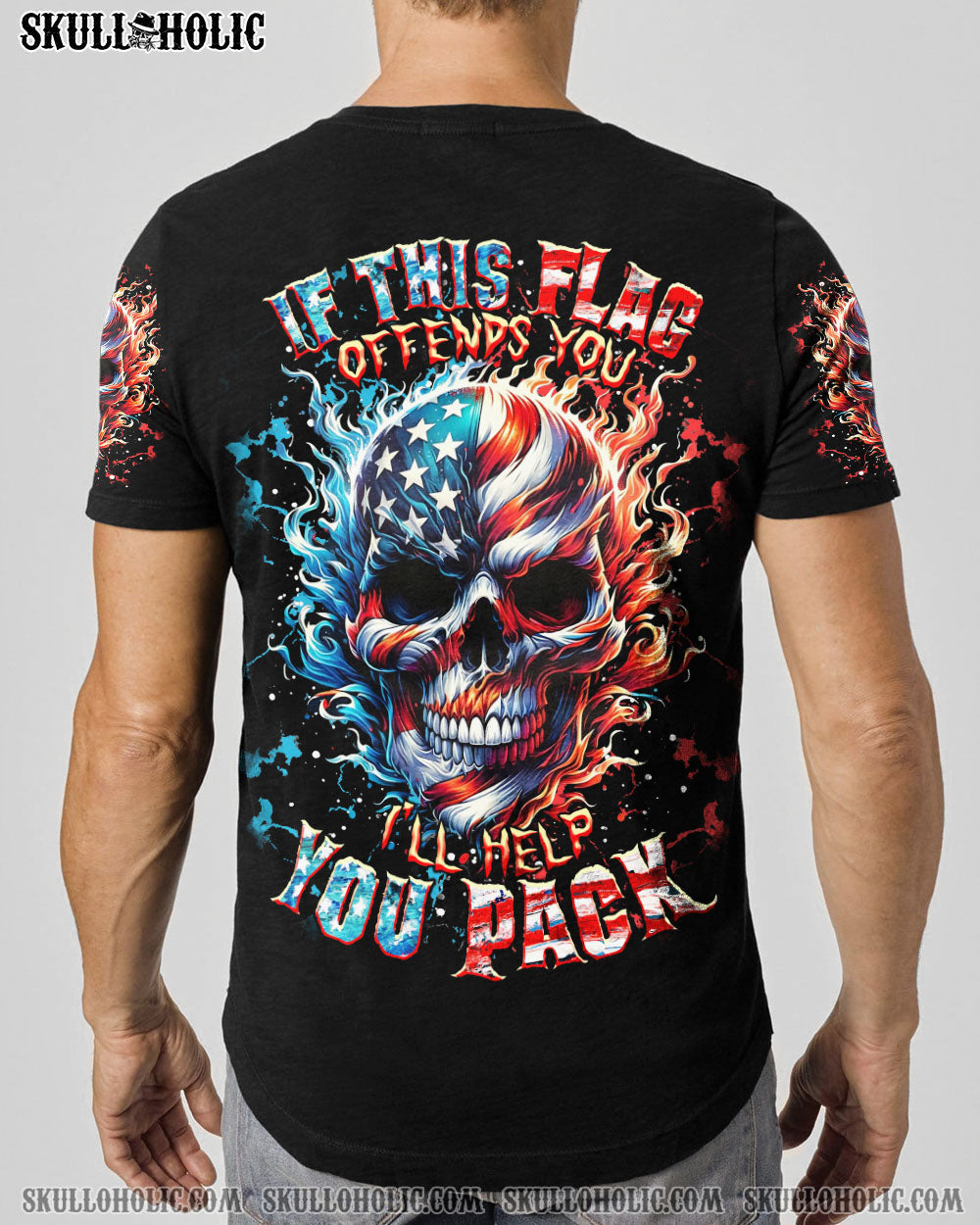 BLISSCORNERS IF THIS FLAG OFFENDS YOU I'LL HELP YOU PACK SKULL ALL OVER PRINT