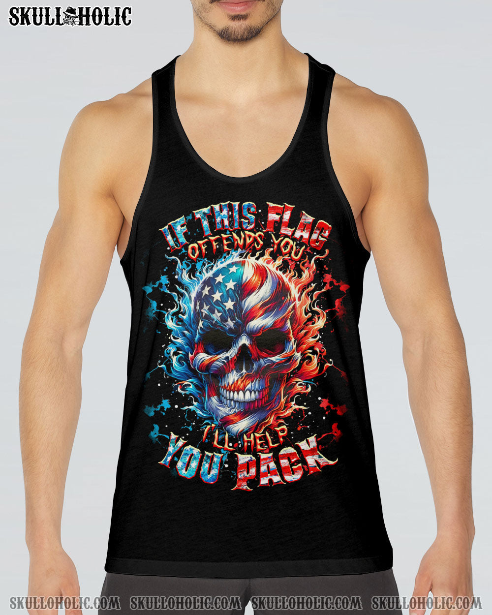 BLISSCORNERS IF THIS FLAG OFFENDS YOU I'LL HELP YOU PACK SKULL ALL OVER PRINT