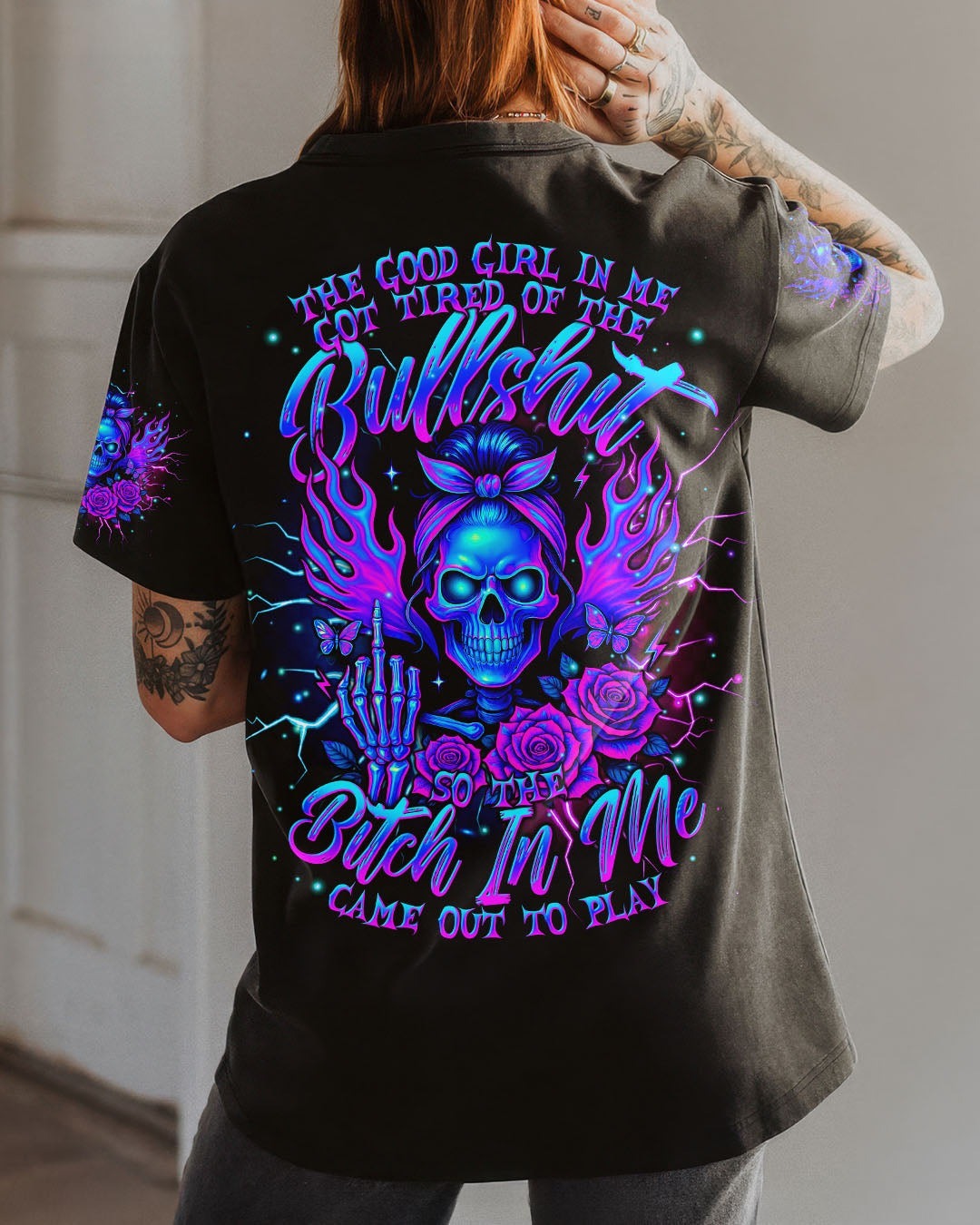 BLISSCORNERS FRESH OUT OF F MESSY BUN SKULL  ALL OVER PRINT