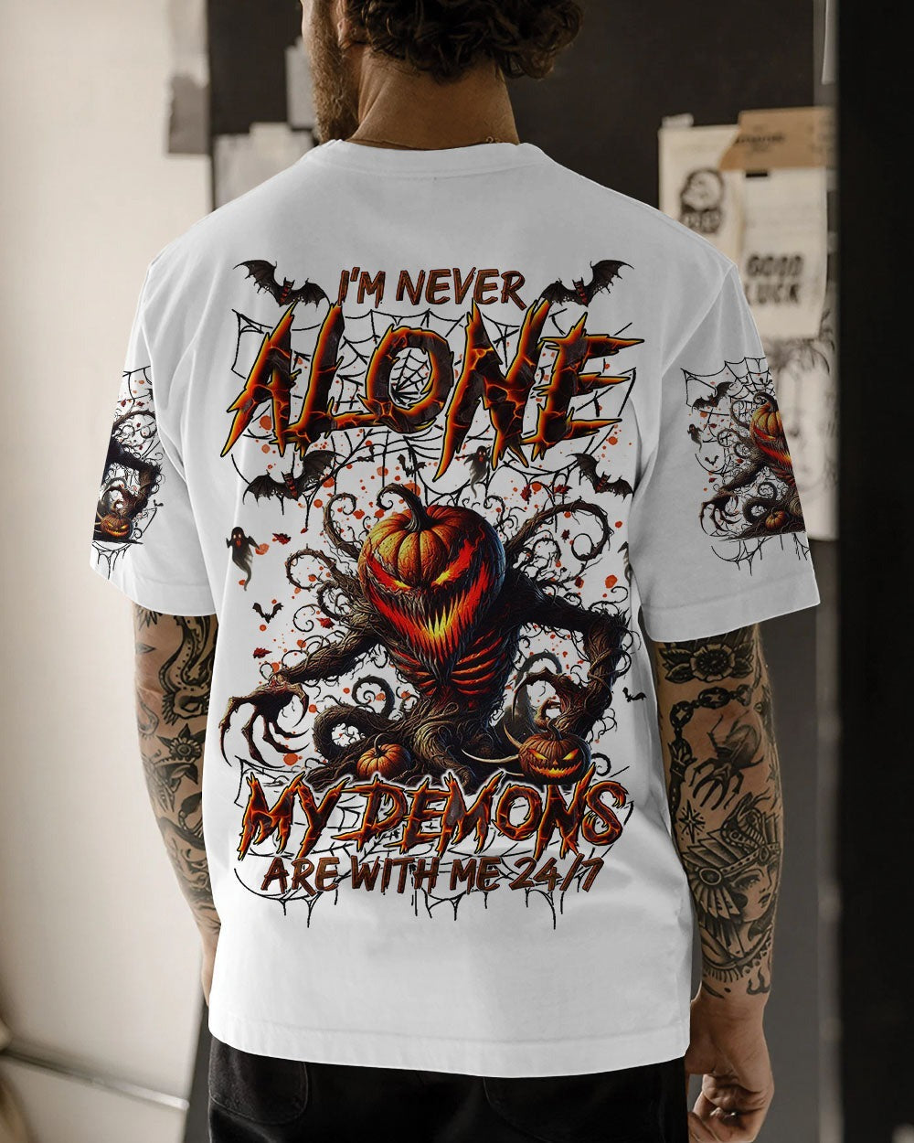 BLISSCORNERS I'M NEVER ALONE SKULL DEMON SKULL PUMPKIN HALLOWEEN ALL OVER PRINT