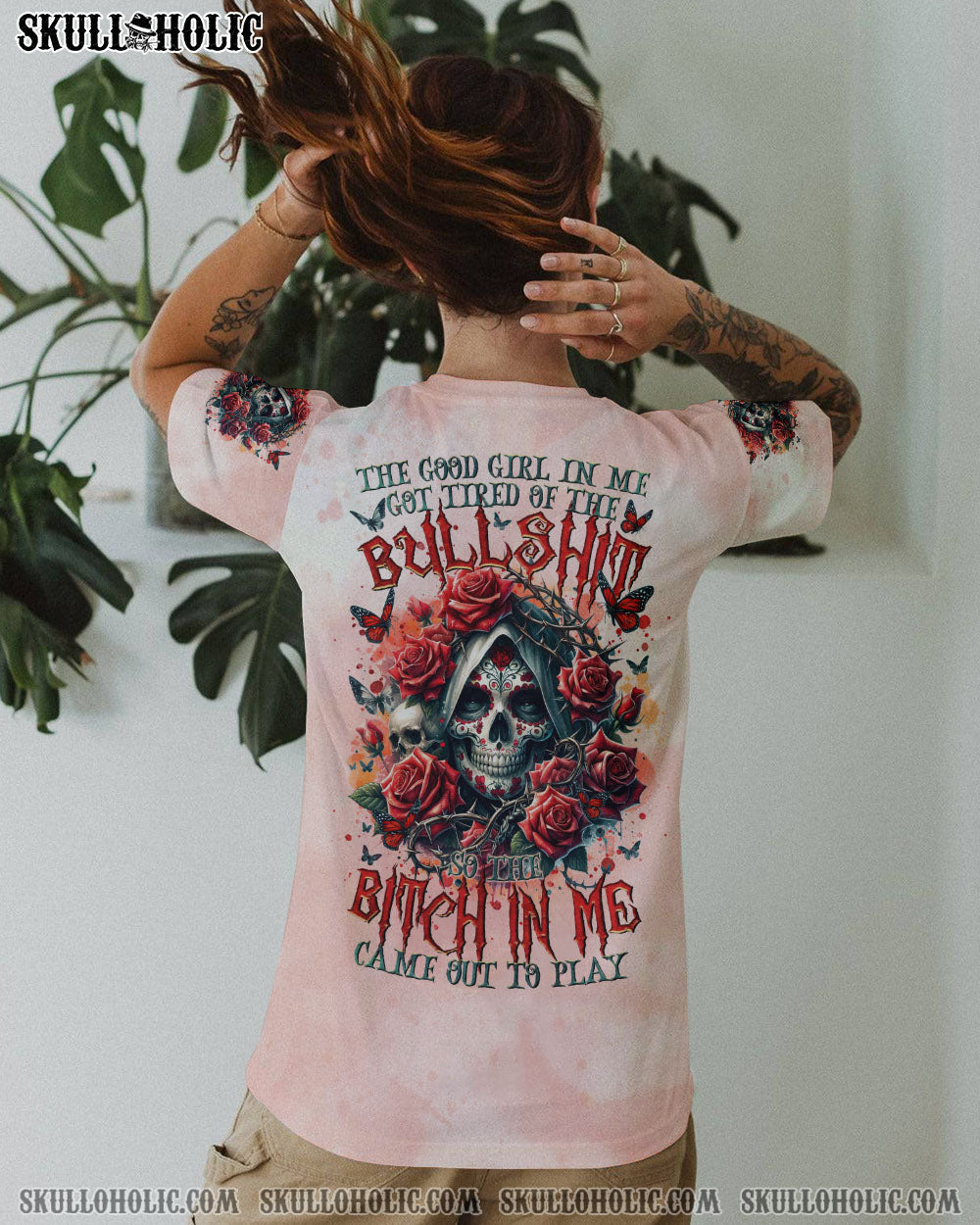 BLISSCORNERS THE GOOD GIRL IN ME SUGAR SKULL ROSE ALL OVER PRINT